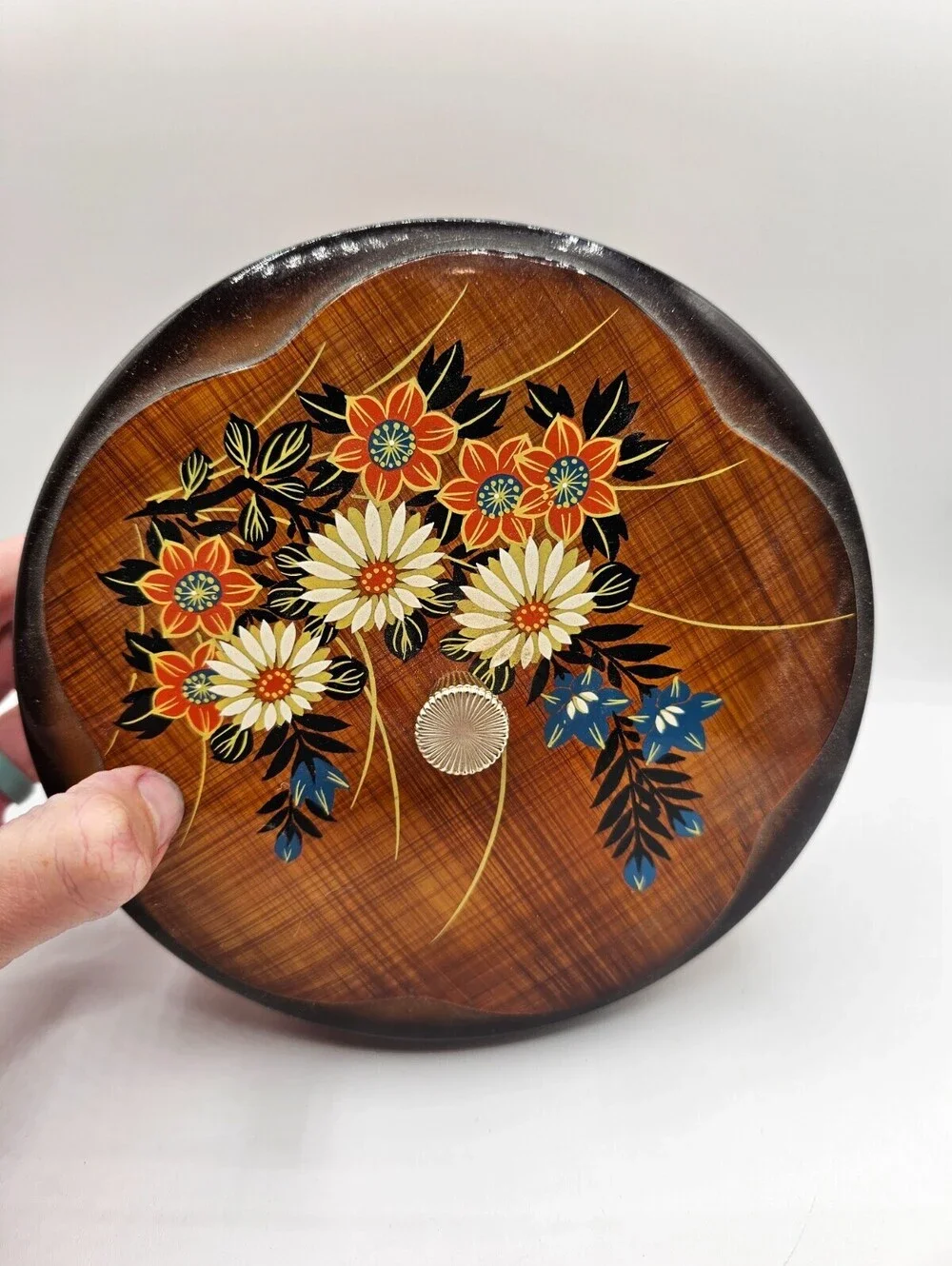 Vintage Asian Lacquerware Lidded Bowl Floral Vase Motif Trinket Storage Box